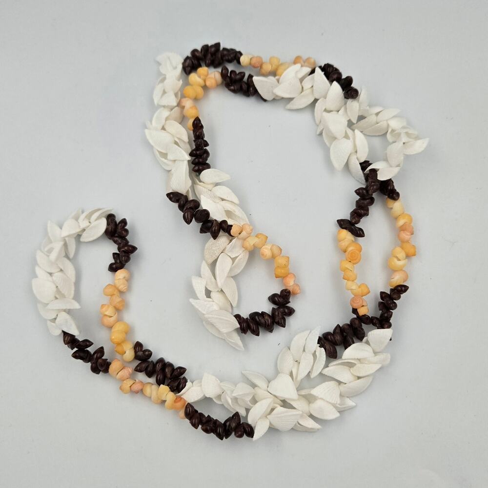 Hawaiian Handcrafted White Petal and Multi-Color Cowrie Shell Lei Necklace